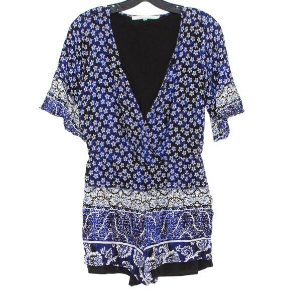 Lovers + Friends Womens Romper Floral Boho Cottage Casual Blue Black Small IZ - Picture 1 of 7